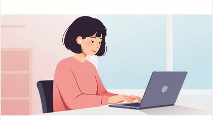 Animated Woman Typing on Laptop: Remote Work, Digital Lifestyle, and Productivity