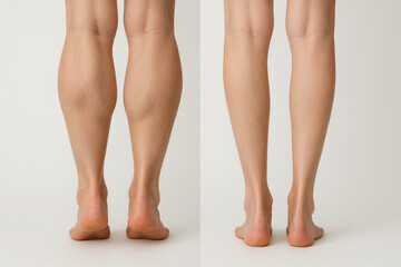 Rear view female leg refinement showcasing calf volume reduction and improved taper in a side-by-side comparison, illustrating lower leg shaping from consistent physical conditioning