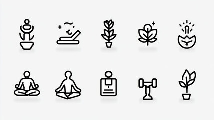 Wellness, in line design. Wellness, health, relaxation, mindfulness, meditation, yoga, fitness on white background vector. Wellness editable stroke icons.