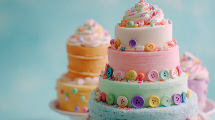 Whimsical Stack of Pastel Cakes with Rainbow Sprinkles and Colorful Buttons