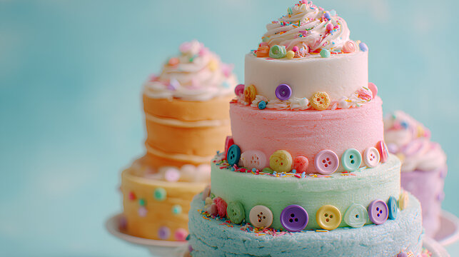 Whimsical Stack of Pastel Cakes with Rainbow Sprinkles and Colorful Buttons - Powered by Adobe