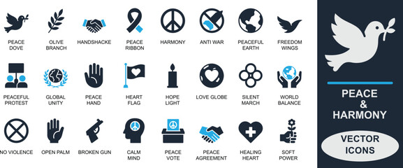 
Minimal peace and harmony icon set. Featuring dove, harmony, unity, love, and nonviolence concepts. Perfect for campaigns, UI, education, freedom, and global awareness projects.