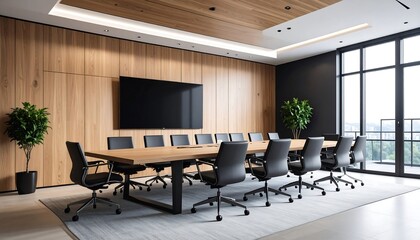 Modern conference room interior with wooden wall panels and large window view