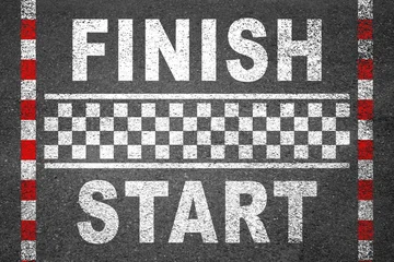 Fotobehang Formule 1 Creative vector illustration of finish line racing background top view. Art design. Start or finish on kart race. Grunge textured on the asphalt road. Abstract concept graphic element.  © Philip