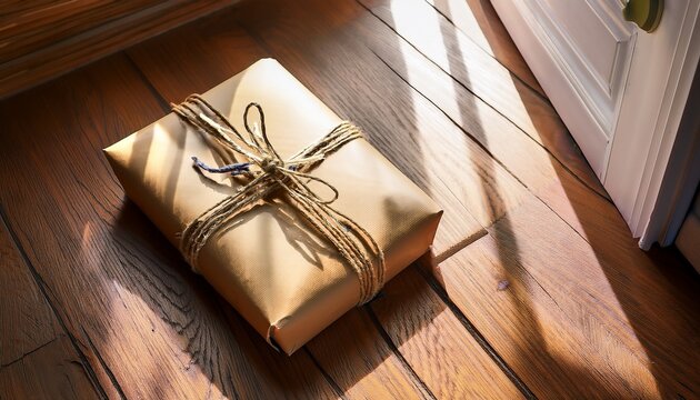 wrapped package with twine on wooden floor near doorway in natural light
