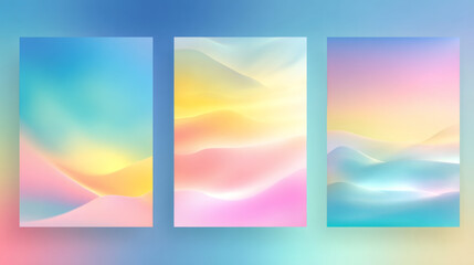 Light blue, yellow and rose pink gradient background. Abstract romantic sky texture. Relax. Wave gradation pattern. Aesthetic bg. Set of 3 square vector gradient background for poster, ig, social post
