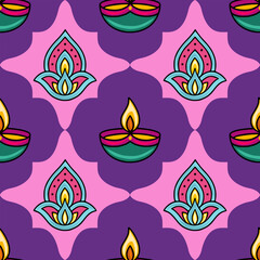 Seamless vector pattern with vibrant diya lamps and stylized floral elements in pink and purple, perfect for festive backgrounds and textile designs.