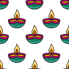 Festive Seamless Vector Pattern of Teal and Magenta Diyas with Bright Yellow Flames, Ideal for Diwali Celebrations and Indian-Themed Designs.