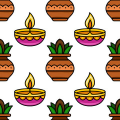 Seamless vector pattern featuring vibrant diya lamps and traditional Indian kalash pots, perfect for festive backgrounds and textile designs.