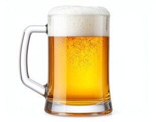 Cold beer in a glass mug with foam top.