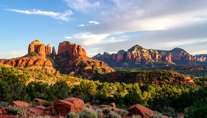 Fototapeta premium Majestic red rock formations of Sedona bathed in the warm glow of early morning light