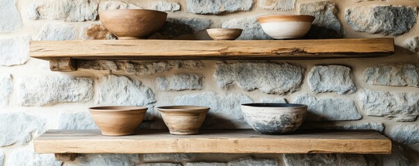 Rustic Shelves with Pottery Bowls on Stone Wall,Home decor , Interiors