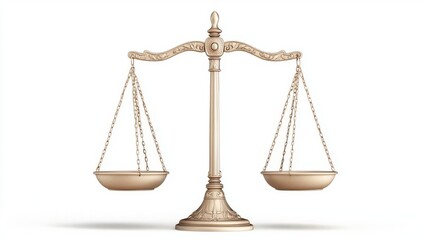 Elegant gold balance scale on a white background, symbolizing justice, fairness, and law in a professional context.