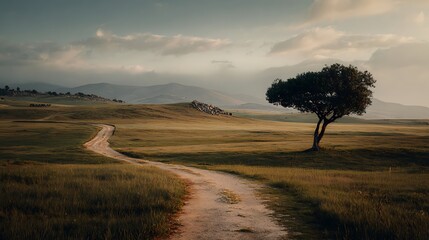 Obraz premium A winding dirt road through a vast grassy plain, leading to a solitary tree under a cloudy sky.