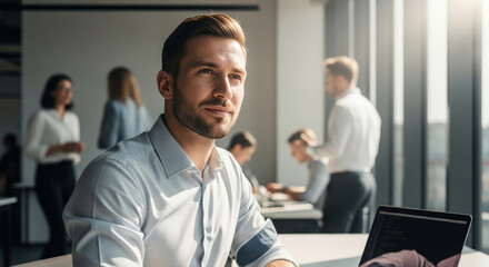 A professional individual working in a bright, modern office environment. The person looks thoughtful and engaged with a team in the background