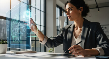 A woman interacting with a futuristic holographic display in an office setting, highlighting tech innovation