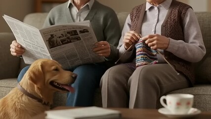 Elderly couple relaxing at home, reading newspaper and knitting - Powered by Adobe