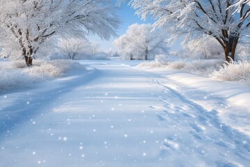 Obraz premium Captivating winter landscape showcasing a serene snowy pathway flanked by frost-covered trees under a clear blue sky radiating tranquility and beauty captured with clarity
