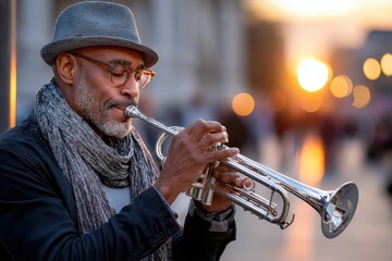 Skilled musician playing trumpet during sunset with vibrant city backdrop