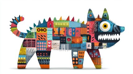 A colorful, abstract representation of a dog covered in various patterns, showcasing creativity and playfulness.