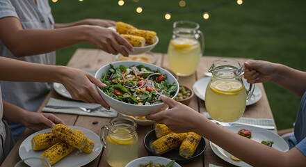 Friends sharing a meal at an outdoor dinner party