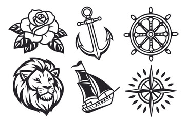 Nautical and Floral Tattoo Style Icons.