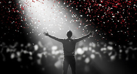 Captivating spotlight: celebrating triumph amidst cascading confetti and a jubilant crowd