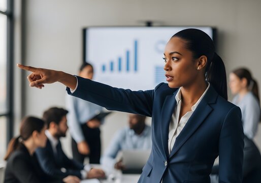 A confident businesswoman in a suit pointing to a screen in a conference room with a diverse group of people in the background.