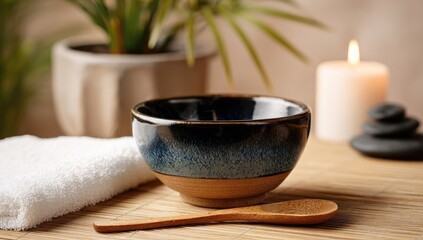A dark blue and tan ceramic bowl, a wooden spoon, and a white towel on a bamboo mat, nestled in a spa setting