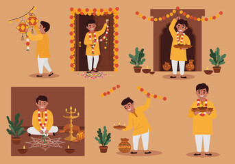 Vector set of an Indian man celebrating a Hindu festival, shown decorating with marigold garlands, lighting diya lamps, and making rangoli.