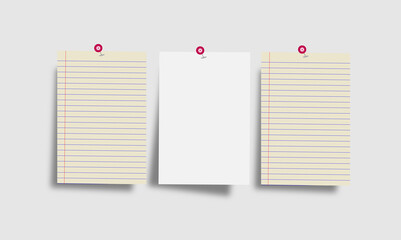 Set of business paper sheets. Notebook. Office supplies, school supplies, vector paper notebook with abstract 3D safety pin icon set.