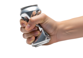 A powerful hand crushing and squeezing a silver aluminum beverage can for recycling. Isolated on transparent background, png