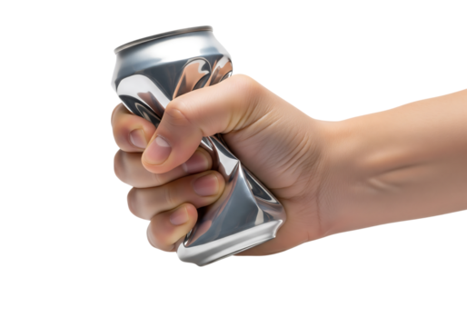 A powerful hand crushing and squeezing a silver aluminum beverage can for recycling. Isolated on transparent background, png - Powered by Adobe