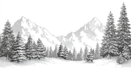 Winter mountains in snowy weather. Winter landscape of a forest against a background of mountains and snow. Winter nature vector illustration for Christmas design. Hike concept.