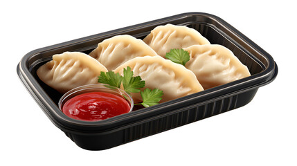 Delicious momos served on a white plate with a savory sauce. background removed