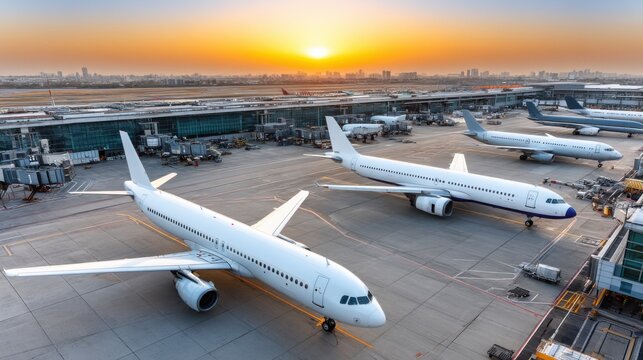 Sunset over an airport with multiple commercial airplanes parked on the tarmac