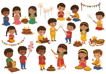 A diverse collection of cute Indian children celebrating the Diwali festival of lights. Kids in traditional clothes praying, lighting sparklers, and enjoying sweets.