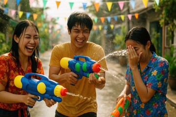 Joyful water fight celebration outdoors.