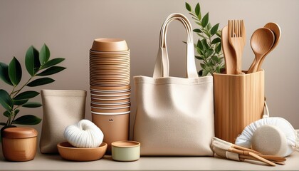 eco friendly personal care items reusable cups cotton bags and bamboo utensils displayed