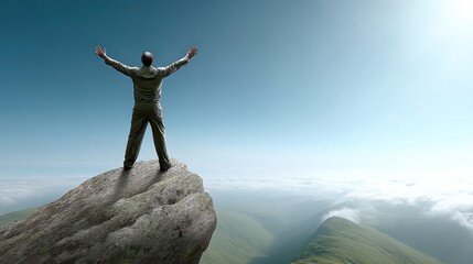 A man stands on a rocky mountain peak with arms outstretched towards the sky
