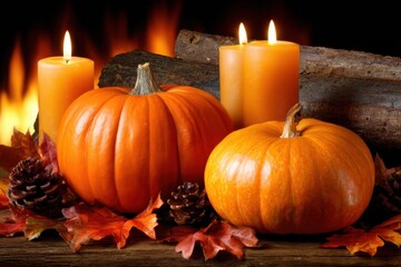 A cozy autumn scene featuring pumpkins, candles, and pinecones, set against a warm, inviting background of logs and flickering flames.