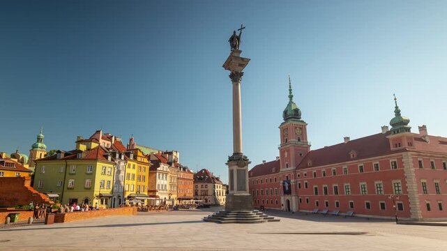 sunny day warsaw city center famous old town exterior monument square panorama timelapse 4k poland