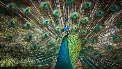 Obraz premium a vibrant peacock displays its stunning green plumage showcasing intricate patterns that captivate with their beauty and elegance