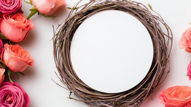 A beautifully arranged floral wreath of pink and peach roses surrounding a blank circular space for personalization