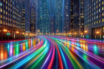 Fototapeta premium Dynamic nighttime cityscape showcasing vibrant light trails weaving through urban architecture reflecting on wet streets creating a captivating and immersive visual experience