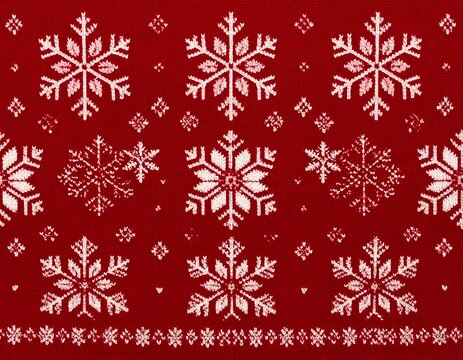 Knitted red fabric with white snowflakes