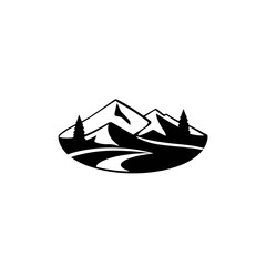 Silhouette of mountains, trees, and a winding path, a simple nature logo.