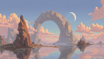 Vast, serene landscape with a colossal rock arch spanning a tranquil lake.  Sunrise or sunset hues paint the sky and clouds.  