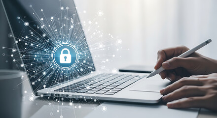 Digital security shield depicted with lock icon overlaying laptop interface in workspace atmosphere