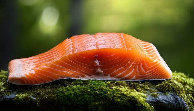 fresh salmon fillet resting on a moss covered rock highlighting its vibrant color against a lush green backdrop perfect for seafood health and nature related content